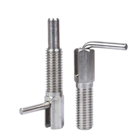 No Hassle Industrial Grade Hand Retract Plunger Pin with Comfy Grip L Handle, M6-M16 fit, heavy-duty steel, detailed view.