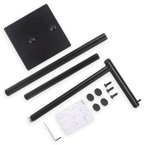 Freestanding Black Toilet Paper Holder Stand components including rods, base, and screws, for up to 3 tissue rolls and anti-drop rod.