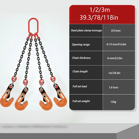 Heavy Duty Horizontal Plate Lifting Clamp With 3527 Lbs Capacity And Four Manganese Steel Chains, industrial hooks and chains.