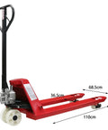 Heavy Duty 4,400 Lb Hydraulic Pallet Jack With Linked Dual Wheels For Smooth Warehouse Forklift Operations Shop Floor Material Handling Truck side view with dimensions 110cm x 68.5cm.