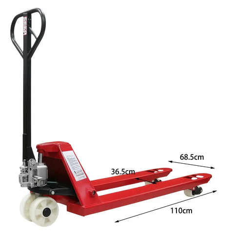 Heavy Duty 4,400 Lb Hydraulic Pallet Jack With Linked Dual Wheels For Smooth Warehouse Forklift Operations Shop Floor Material Handling Truck side view with dimensions 110cm x 68.5cm.