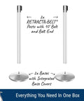 Pro Grade Stanchions 2-Pack With Retracta-Belt Prime 10 Foot Retractable Belt Barrier Heavy Base Polished Stainless Steel Crowd Control Poles No Tools Easy Setup For Quick Crowd Flow, showing stanchions with belts and bases