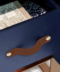Full Grain Leather Drawer Handles For Cabinets And Dressers attached to blue drawer showcasing rustic modern decor.