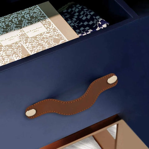 Full Grain Leather Drawer Handles For Cabinets And Dressers attached to blue drawer showcasing rustic modern decor.
