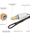 4 Color Dive Signal Light With 8 Modes For Scuba Beacons showing disassembled parts including battery and shell
