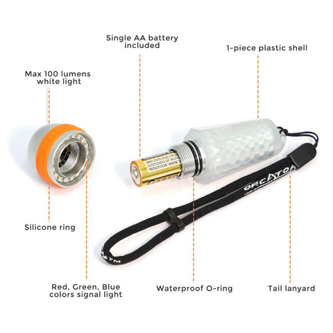 4 Color Dive Signal Light With 8 Modes For Scuba Beacons showing disassembled parts including battery and shell