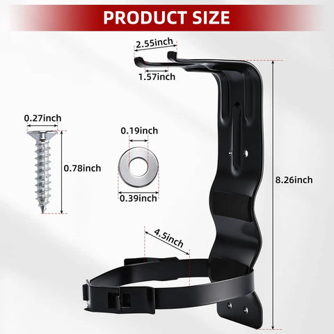 Heavy Duty Fire Extinguisher Bracket Set Of Five For Easy Wall Mounts In Home, Vehicle, And Boat, Black Rust Resistant Steel, Holds Extinguishers Up To 4.5 Inch Diameter, Bracket Size 9 By 2.6 Inches with product dimensions and components displayed.