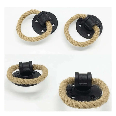 Vintage Wrought Iron Flax Rope Cabinet Drawer Pulls Set, ring rope barn door handles in golden bronze, rustic farmhouse hardware.