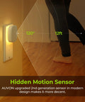 AUVON plug-in LED night light with motion and dusk-to-dawn sensors, dimmable warm white, 4-pack.