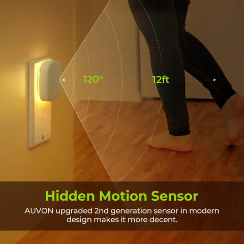 AUVON plug-in LED night light with motion and dusk-to-dawn sensors, dimmable warm white, 4-pack.
