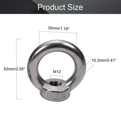 Heavy Duty M12 304 Stainless Steel Lifting Eye Nut Kit With Ring Eye Bolt For Rope Fittings Female Thread Round Eye Corrosion Resistant Pack Of 4, 30mm ring, 52mm tall