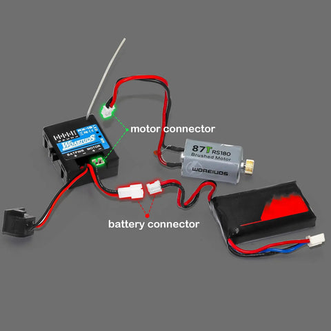2 In 1 ESC And Receiver Combo With 2.4G Transmitter For Axial SCX24 RC Car, integrated ESC, motor and battery connectors shown