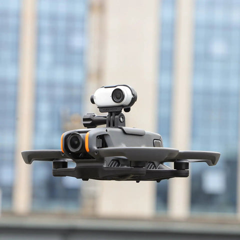 Expansion Bracket for Avata 2 FPV Drone With Grab-And-Go Grip Ready Camera Mount and Strobe Light Mount in use