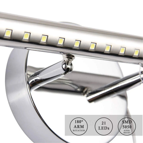 Detail of stainless steel 15.7 inch vanity light with 5W LED, 6000K, 180 degree rotating mount for bright bathroom illumination