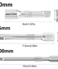 Three Piece Socket Extension Bar Set In Chrome Vanadium Steel With 50mm 75mm 100mm Lengths, size and measurements display