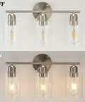 Three Light Bathroom Vanity Light In Brushed Nickel Finish With Clear Glass Shades Wall Mounted Over Mirror Hardwired Bath Light Fixtures Easy Up Or Down Installation Modern Contemporary Style, shown off and on.