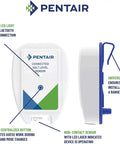 Smart Salt Level Sensor For Water Softening Systems Set And Forget With WiFi Or Bluetooth Alerts By Email Or Push Notifications Universal Tank Clip Fits Side By Side Or Cabinet Style Tanks Never Run Out Of Salt Again front and side view showing LED and clip