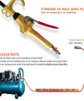 High Volume Air Blow Gun With Aluminum Body And Rubber Guard, gold plated pneumatic blower, shown connected to air compressor