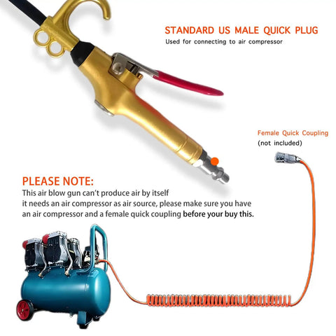 High Volume Air Blow Gun With Aluminum Body And Rubber Guard, gold plated pneumatic blower, shown connected to air compressor