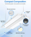 Adjustable Wattage LED High Bay Light 150W 120W 90W, 1.3Ft Linear Hanging Warehouse Lamp with components labeled
