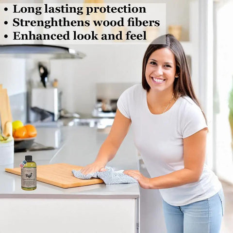 Straight Up Top Shelf Refined Walnut Oil For Wooden Kitchen Items And Cutting Boards 9 Fl Oz being used on cutting board in kitchen.