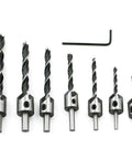 Solid Shop Countersink Drill Bits And Doweling Jig Kit With 3 To 10mm Chamfer Reamer Tools and accuracy guides, set of seven drill bits.