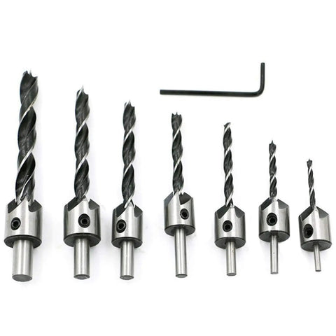 Solid Shop Countersink Drill Bits And Doweling Jig Kit With 3 To 10mm Chamfer Reamer Tools and accuracy guides, set of seven drill bits.