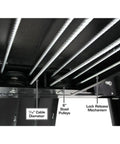 Commercial Grade Four Post Vehicle Lift Paired With Rj6 Rolling Bridge Jacks Combo showing steel pulleys and locking mechanism.