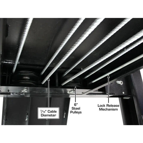 Commercial Grade Four Post Vehicle Lift Paired With Rj6 Rolling Bridge Jacks Combo showing steel pulleys and locking mechanism.