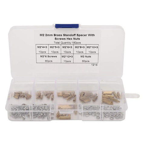 Killer 180 Pieces Electronic Hardware Assortment Set With Road Ready Steel M2 And M2.5 Hex Standoffs Machine Screws And Nyloc Lock Nuts For Modding Rigs Gonna Grip It Tight Always in clear plastic organizer.