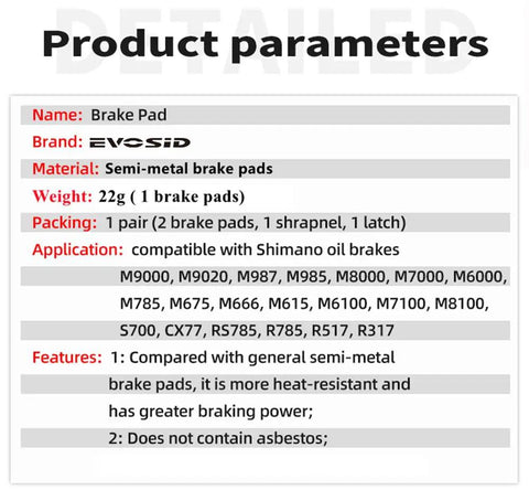 Product specifications for Beefy Resin Mountain Bike Brake Pads With Metal Cooling Built For Serious Stopping Power And Heat Dissipation Compatible With Shimano XT SLX XTR M785 M675 M6000 M7000 M8000 M9000 Series Great For Tough Trails.