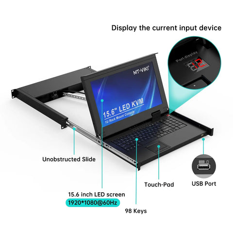 Beast Mode 16 Port Hdmi Kvm Console With 15.6 Inch Lcd Display shows 15.6" LED screen and keyboard in rack mount design.