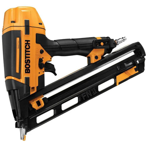 Pro Gear 15 Gauge Pneumatic Angle Finish Nailer With Dial Depth Control, ergonomic design, holds 130 nails, suitable for trim work.