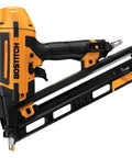 Pro Gear 15 Gauge Pneumatic Angle Finish Nailer With Dial Depth Control features a black and orange design for trim work.