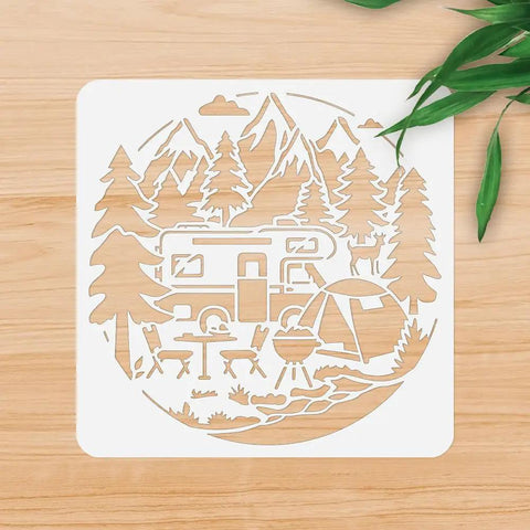 Camping Stencil For Painting 11.8 Inch Square Reusable RV Mountain Tree Template for outdoor DIY crafts and decor.