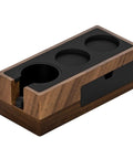 Top Shelf Vintage Tamping Station Crafted For 51 And 54 Millimeter Grips with black compartments and wooden base for espresso tools.