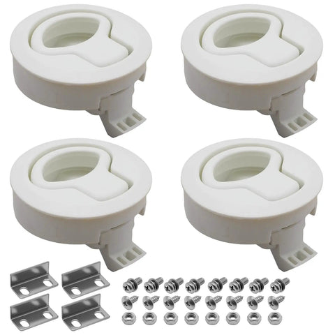 Four Piece Set Of Two Inch White Abs Plastic Flush Pull Slam Latches built for marine use with installation hardware included.