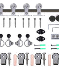 9.6Ft Top Mount Sliding Barn Door Hardware Kit in Satin Brushed Stainless Steel with rails, rollers, screws, and guides