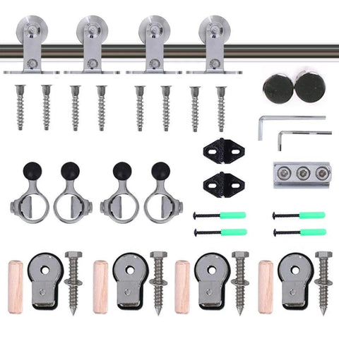 9.6Ft Top Mount Sliding Barn Door Hardware Kit in Satin Brushed Stainless Steel with rails, rollers, screws, and guides