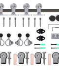 Components of 7-Foot Sliding Barn Door Hardware Kit With Top Mount Stainless Steel Track For Double Wood Doors, Heavy Duty