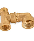 Front view of forged brass 90-degree street elbow, 1/2 in male x 3/4 in female threaded ends, Amazon brand