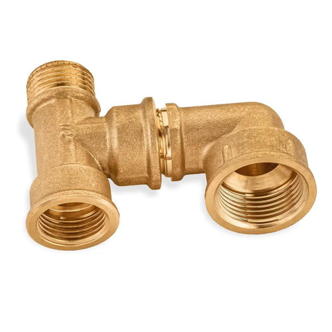 Front view of forged brass 90-degree street elbow, 1/2 in male x 3/4 in female threaded ends, Amazon brand