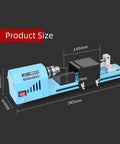 Heavy Duty 150W Mini Lathe Machine Metal Woodworking dimensions showing 345mm length and 60mm height on a black background.