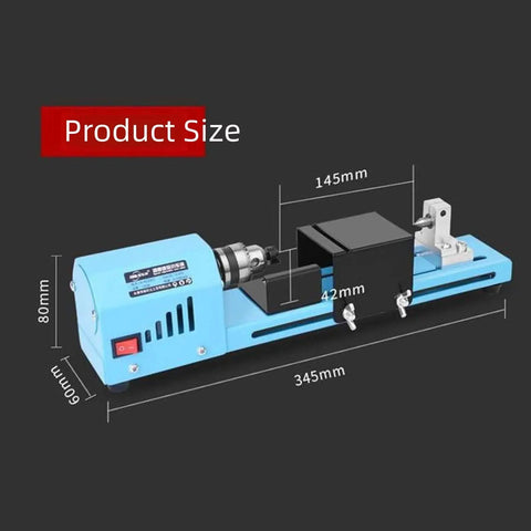 Industrial Mini Lathe Machine 12-24V With Precision Drill Chuck For DIY Wood Beads Metalworking And Engraving High Speed Adjustable Rotating Tool For Crafts, showing dimensions and design.