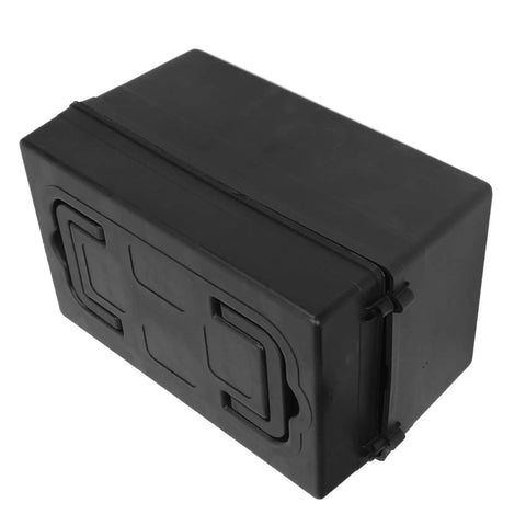 Heavy Duty Plastic Battery Storage Organizer Box With Secure Latching Lid For Marine Car Rv Boat Truck from an angled view.