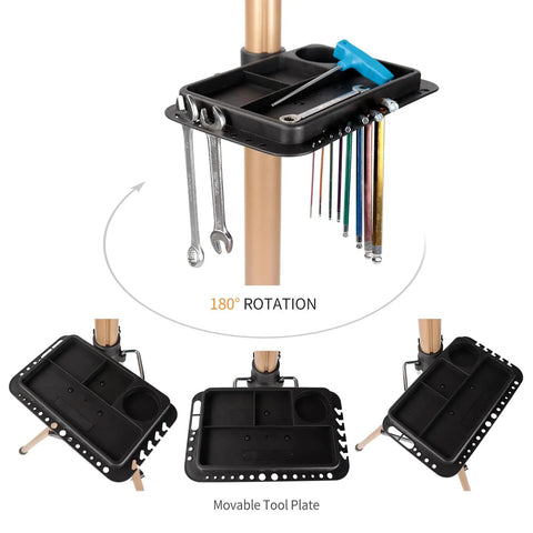 Tool plate and 180° rotation feature of Two Leg Bike Repair Stand For Home Mechanics, Easy Setup Bicycle Maintenance Rack