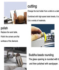 Qugurlid Mini Lathe Polisher Machine For DIY Wood Metal Working showing cutting, polishing, and bead rounding processes on materials.