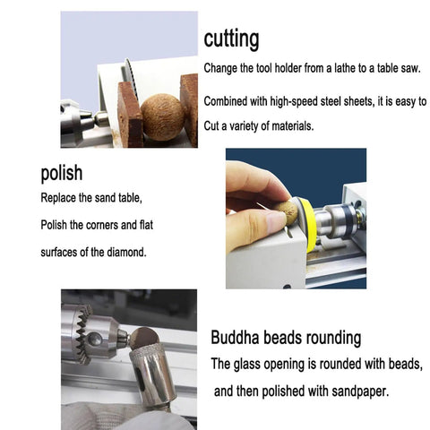 Qugurlid Mini Lathe Polisher Machine For DIY Wood Metal Working showing cutting, polishing, and bead rounding processes on materials.