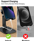Adjustable Height Folding Phone Stand For Desk Go To Desk Buddy Hands Free Viewing Sturdy Tilt Lock Fits 4.7 To 13 Inch Phones And Tablets Compatible With iPhone 17 Through 8 Plus And Galaxy S24 Through Note 20 Black supporting phone.