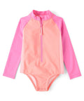 Baby Girls And Toddlers Long Sleeve Rashguard Swimsuit Half Zip One Piece In Happy Pink With UPF 50 Sun Protection Colorblock 80 20 Recycled